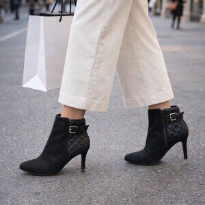 Edgy! Express Black Vegan Suede Booties with Puffy Ankle Detail — Size 7